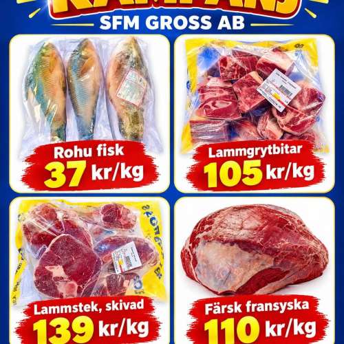 Kära kunder! Nu har vi fina kampanjpriser på fisk, lamm och färsk fransyska! 🐟🥩 Passa på innan det tar slut. Varmt välkomna till SFM GROSS AB! 💙